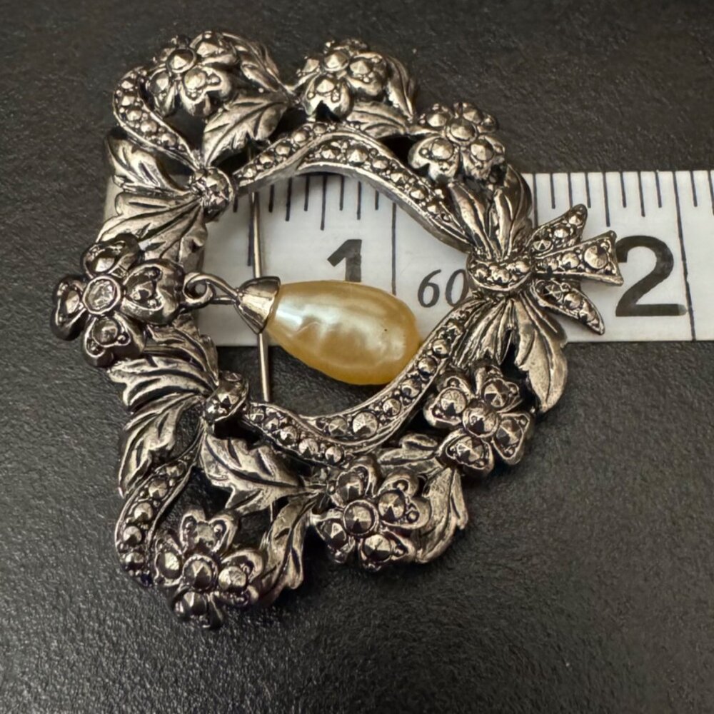 Antique-Style Silver Floral Brooch With Dangling Faux Pearl Accent - Picture 7 of 9